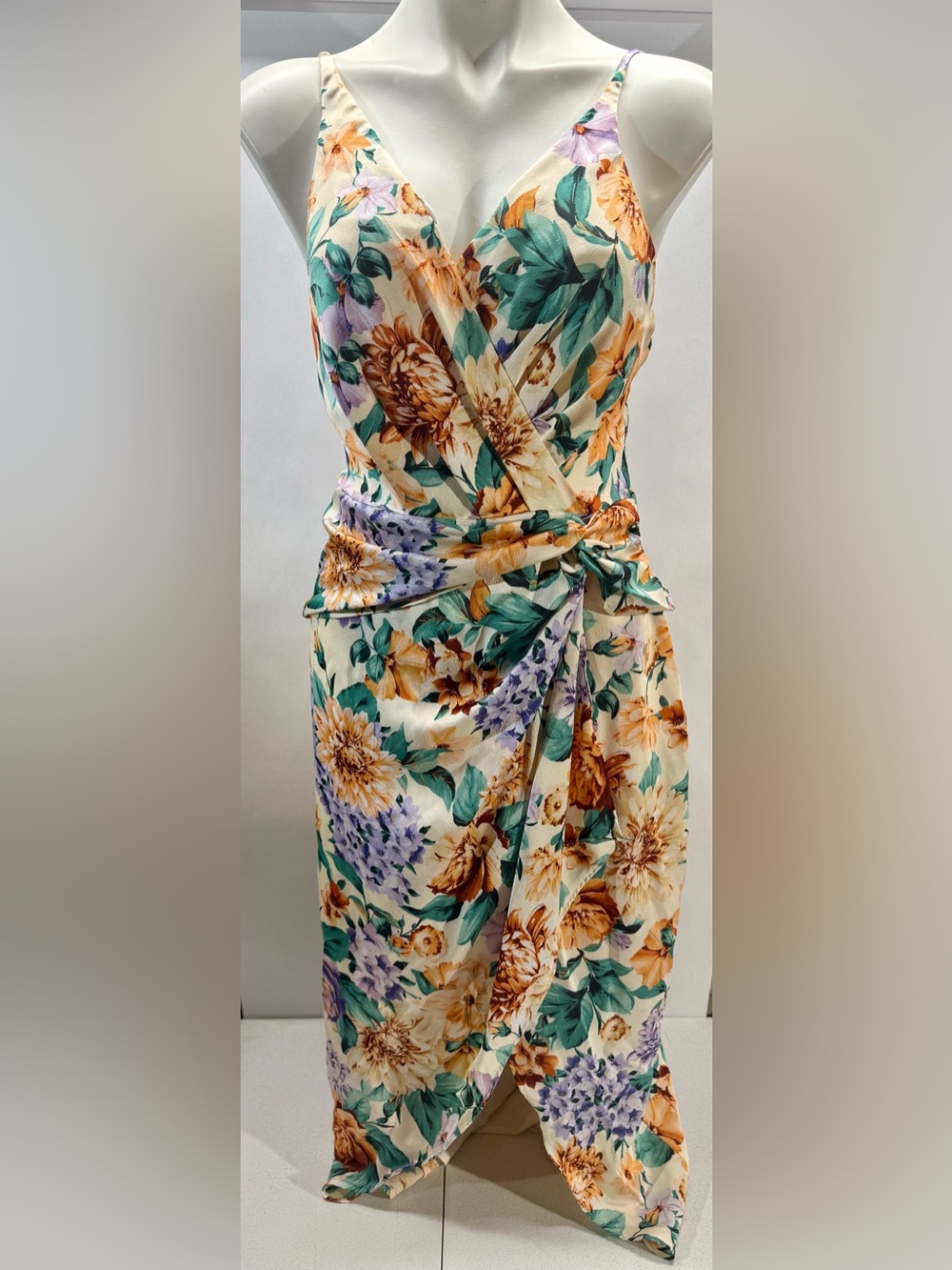 Express Floral Wrap Midi Dress in Cream, Green and Gold